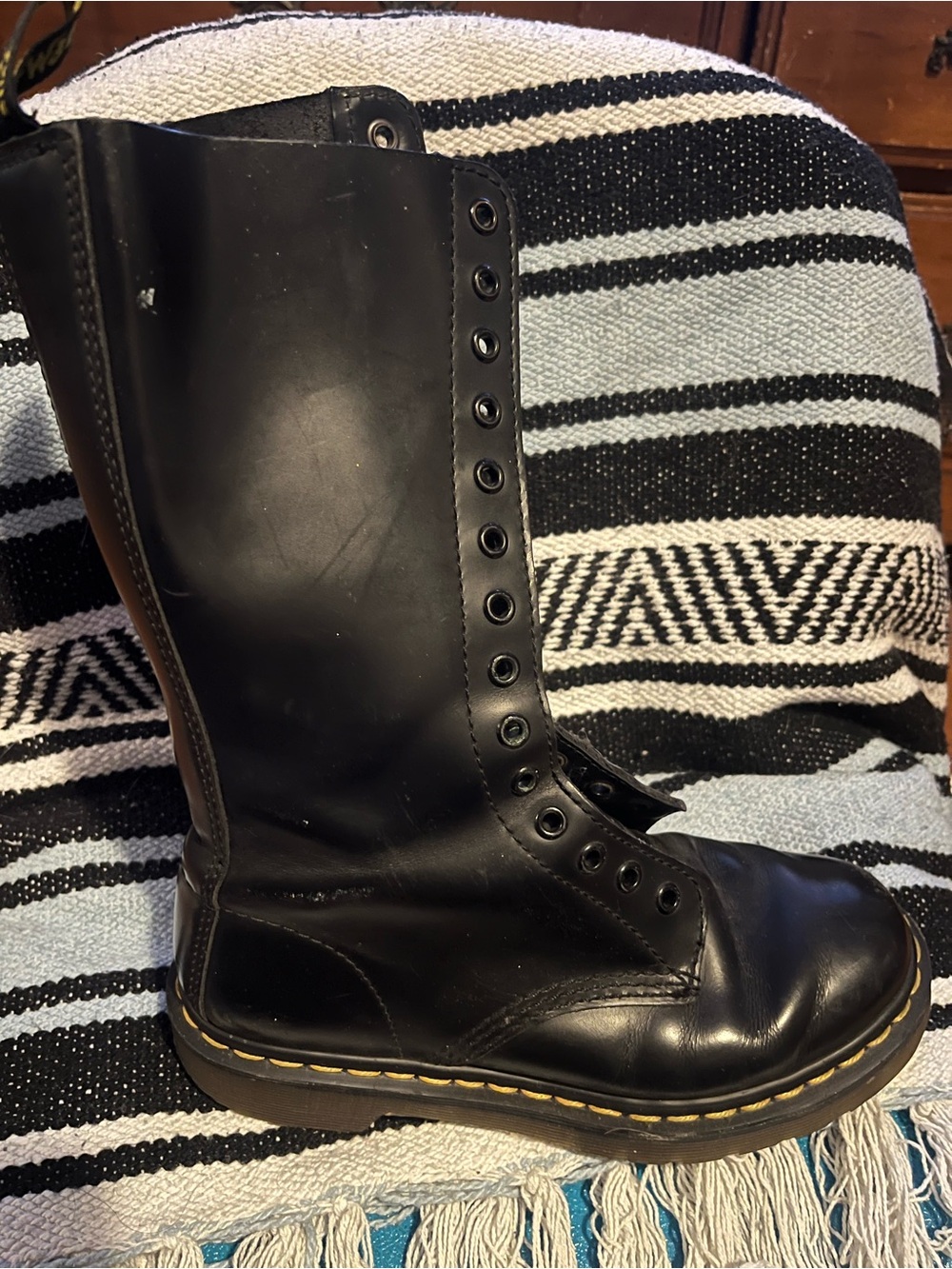 Dr Martens 14 hole Black Leather High-Top Boot with Yellow Stitch Detailing